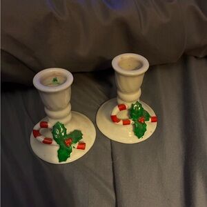 Vintage Ceramic Candle Holders with Holly/Candy cane Design